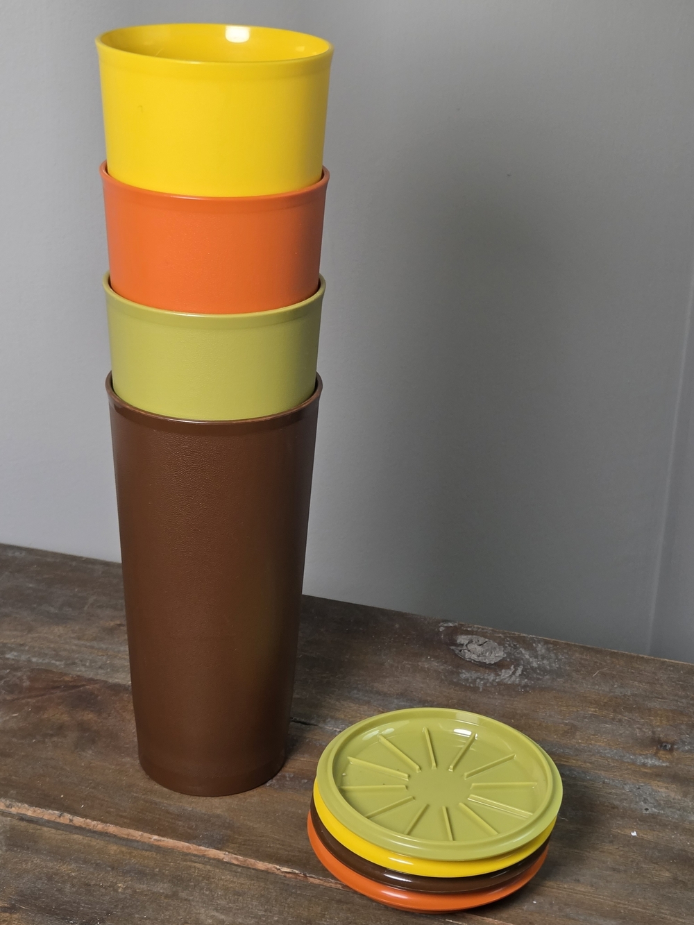 Vintage Tupperware Harvest Colors Tumblers Coasters Lids Set of 4 #117 Highball - Picture 3 of 8